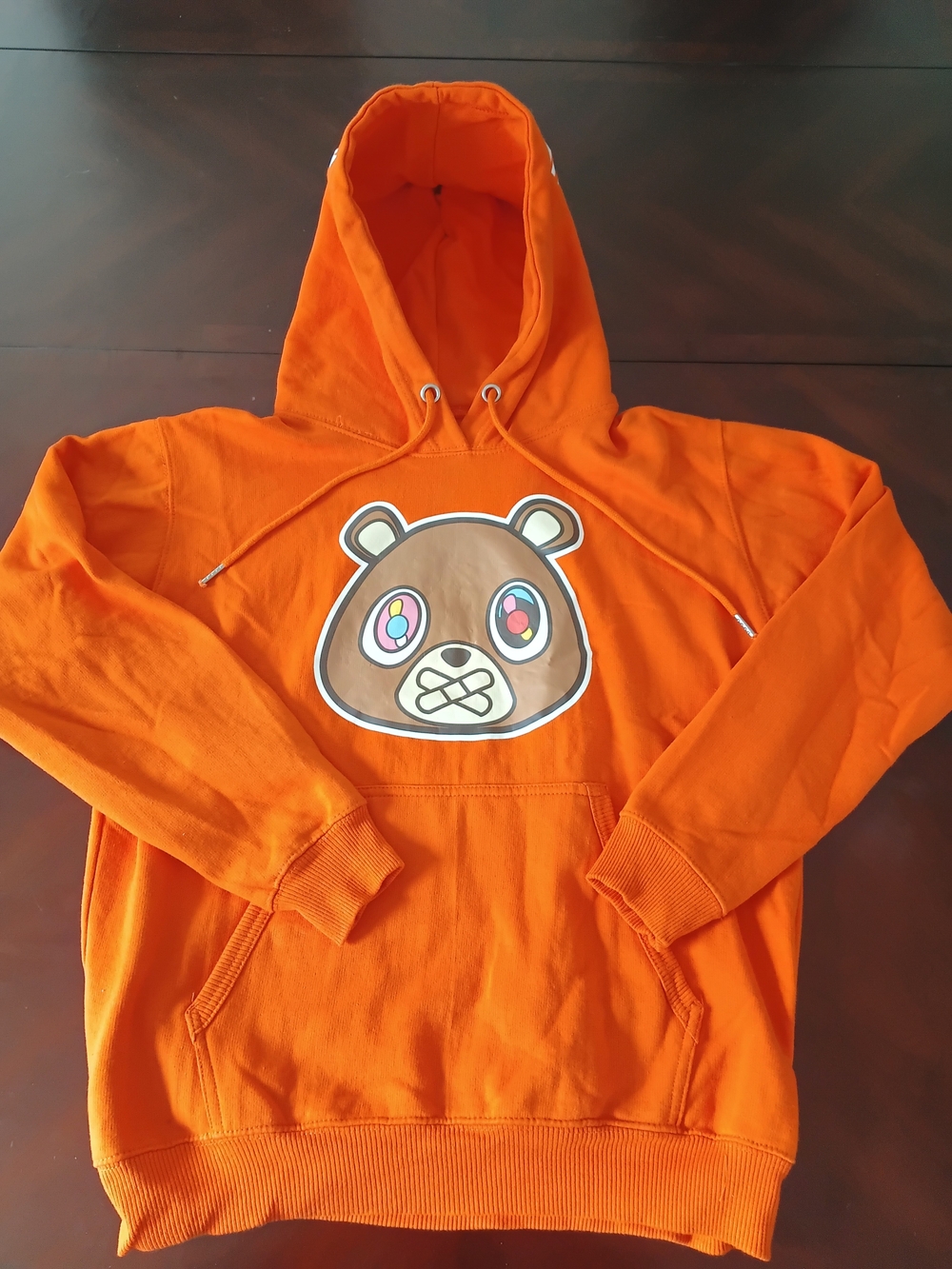 OWMXN Men's Orange Kanye West Inspired Bear Graphic Pullover Hoodie Size Small